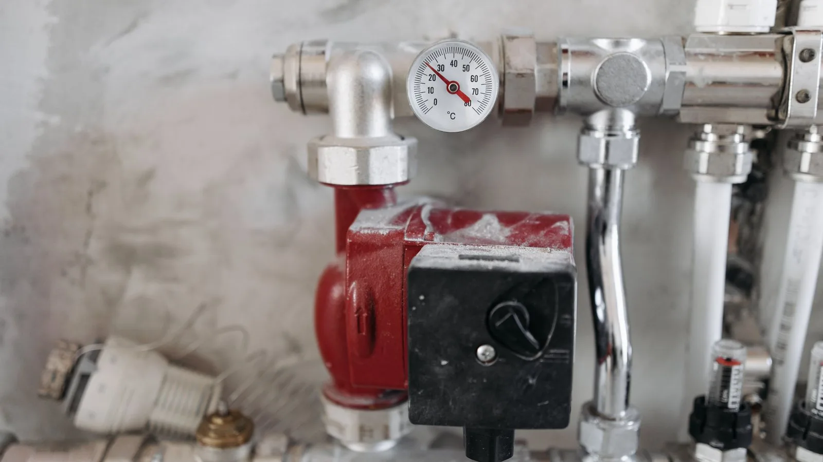 Cv-installatie met circulatiepomp en thermometer
